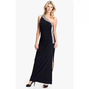 Black One-Shoulder Maxi Dress with Silver Sequin Accents by Betsy & Adam. SZ 14
